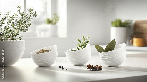 Wallpaper Mural   Three white bowls sit on a white counter, beside a potted plant on another counter Torontodigital.ca