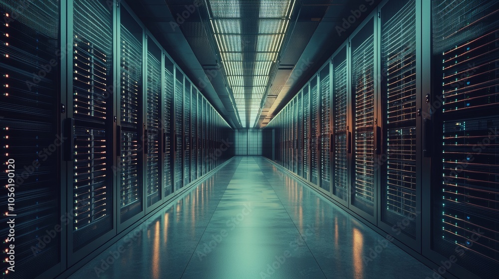 Dimly lit futuristic server room with endless rows of data servers Dimly lit futuristic server room with endless rows of data servers