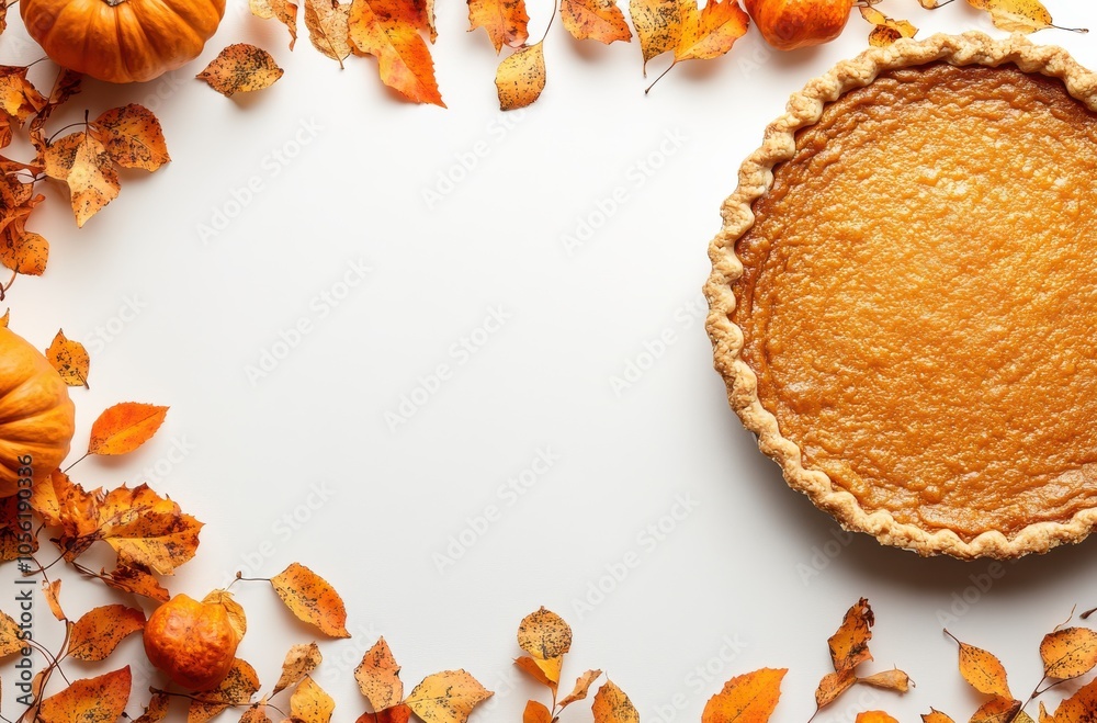 Top-down view of a delicious pumpkin pie with autumn leaves Top-down view of a delicious pumpkin pie with autumn leaves