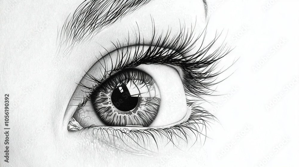   Pencil sketch of woman with expressive eyes featuring long lashes & tearful gaze on the right eye