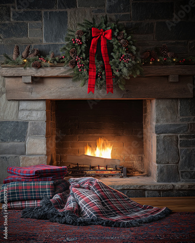 Stone fireplace with a festive wreath of holly, pinecones, and a red ribbon above the mantel. Cozy plaid blankets stack beside the hearth, a soft rug lies in front, and the fire  photo