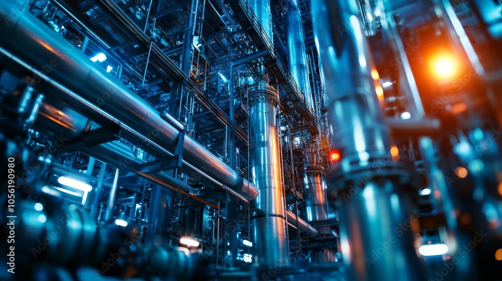Industrial factory interior with complex piping and metal structures Industrial factory interior with complex piping and metal structures