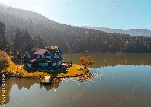 Bolu Golcuk Lake and famous house view with reflections. photo