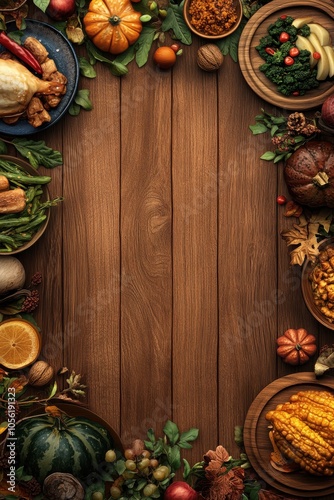 Autumn harvest fruits and leaves on rustic wooden table