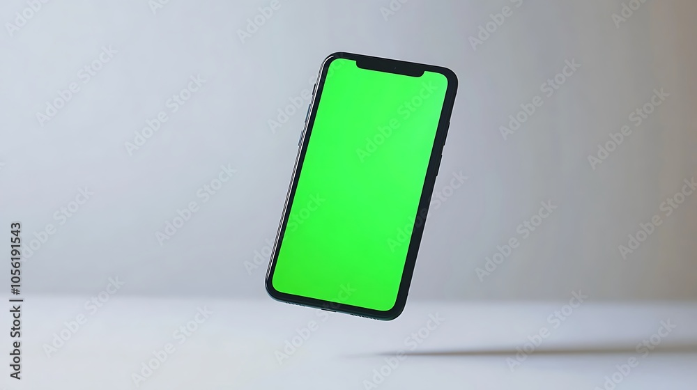 A smartphone with a green screen, standing upright on a white background. A smartphone with a green screen, standing upright on a white background.