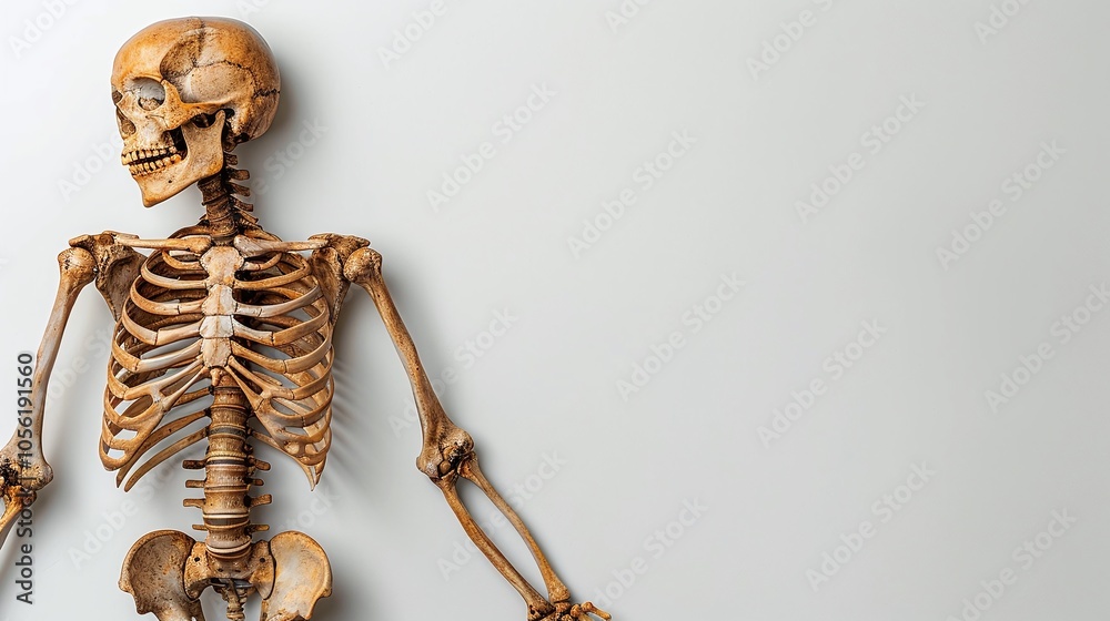 Fototapeta premium Rustic skeleton on a light background with eerie atmosphere. Spooky Halloween decor featuring creepy elements and haunted theme with copy space for text.