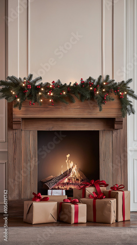 Wooden mantel adorned with pine garland, red berries, and small lights; presents wrapped in kraft paper with red ribbon stacked by a glowing fireplace. Warm, festive mood ideal for a cozy gathering. photo