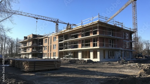 Construction Site with Building Framework and Crane at Sunset