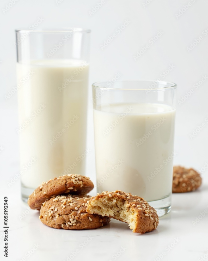 Two glasses of milk with sesame seed cookies, creating a simple and inviting snack scene. Two glasses of milk with sesame seed cookies, creating a simple and inviting snack scene.