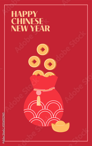 Lunar New Year postcard. Yuan Coins in the red money bag. Symbol of wealth and prosperity. Chinese coin with a square hole and Yuanbao.
