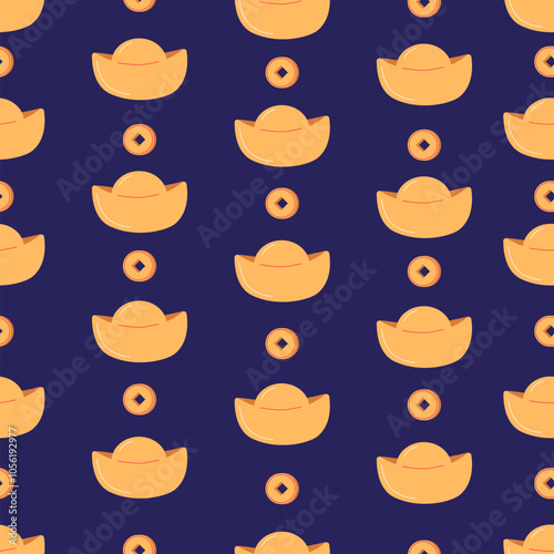 Traditional Chinese coins and Yuanbao on blue background. Seamless pattern elements for Chinese New Year. Symbol of wealth and prosperity.