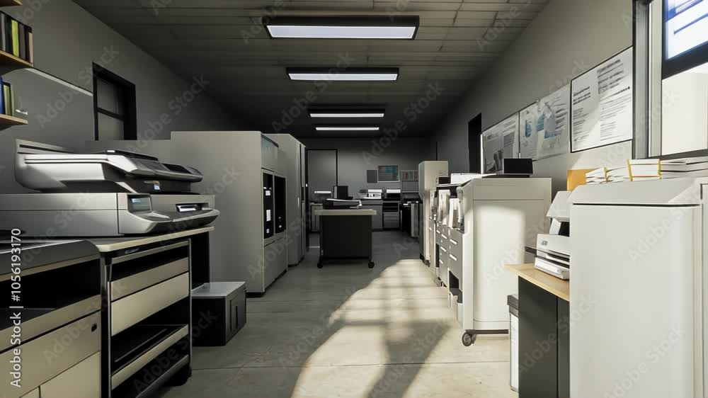 A modern office space featuring printers, filing cabinets, and a workspace for productivity. A modern office space featuring printers, filing cabinets, and a workspace for productivity.