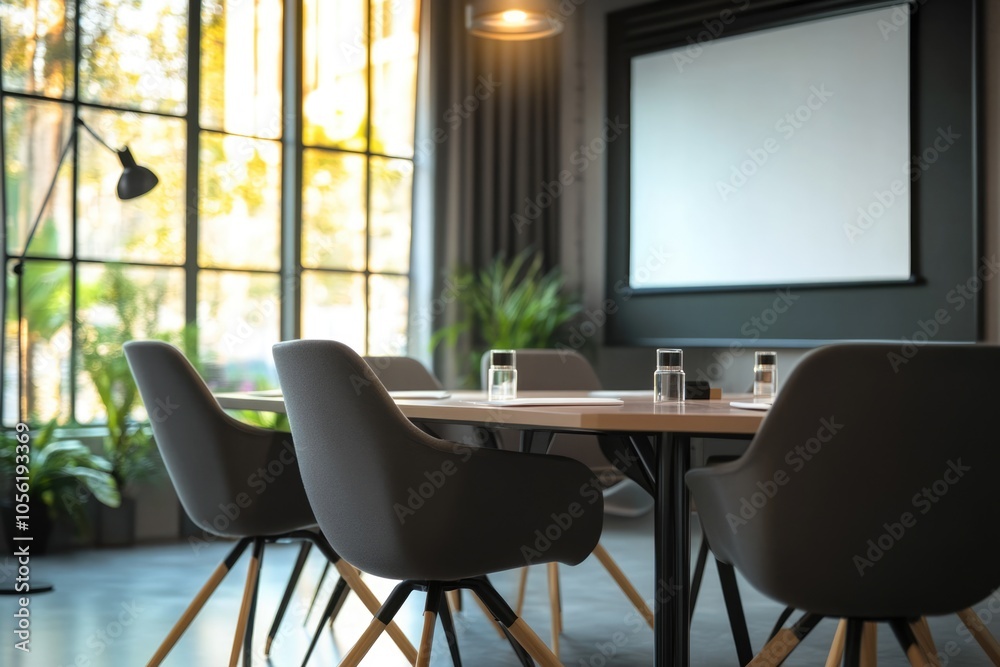 Modern Meeting Room with Large Window and Grey Chairs Modern Meeting Room with Large Window and Grey Chairs