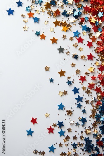 Colorful star confetti on a white background creating a festive atmosphere