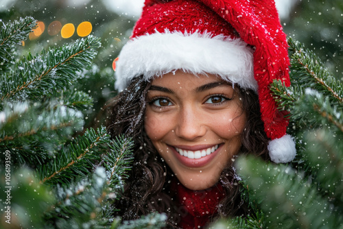 A cheerful woman wearing a Santa hat smiles brightly while surrounded by lush, snow-dusted evergreens in a festive winter setting