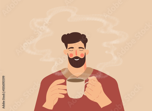 Man is holding a cup of coffee or tea in his hands and enjoying. A mug of hot drink. Flat vector. Print