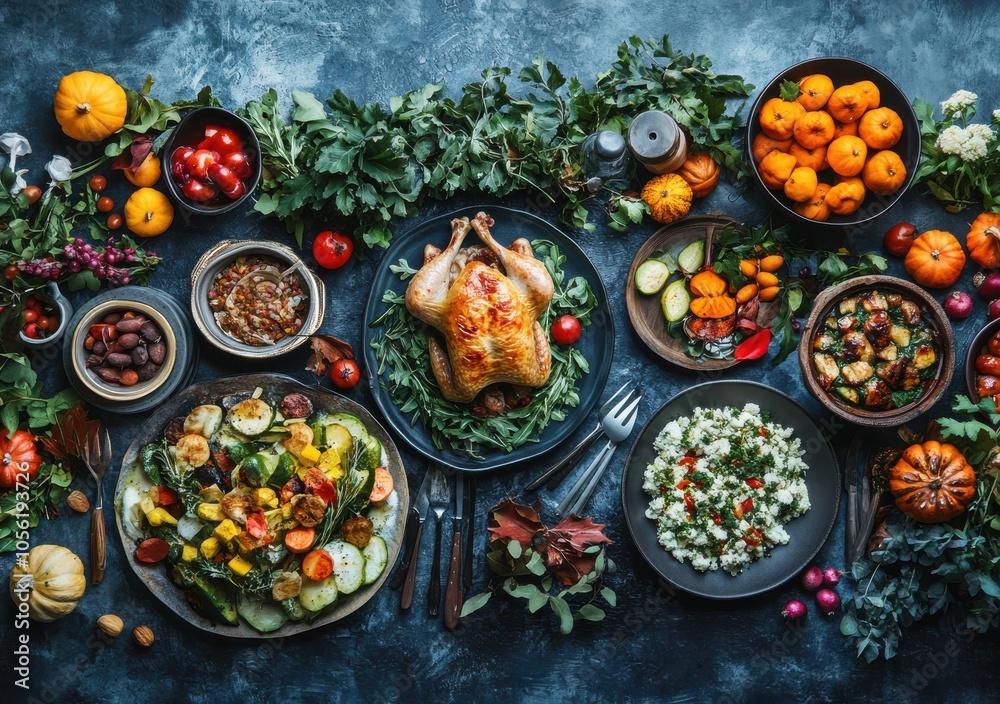 Autumn-inspired table setting with roasted chicken and vegetables