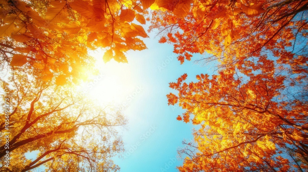 Looking up at autumn treetops glowing in sunlight, blue sky peeking through colorful leaves, Looking up at autumn treetops glowing in sunlight, blue sky peeking through colorful leaves,