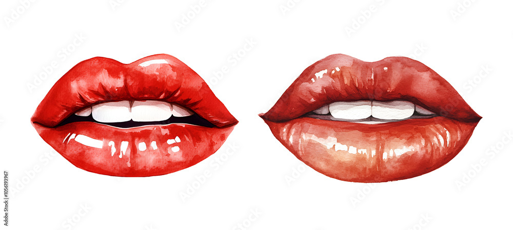 Obraz premium Lips painted with red lipstick, watercolor clipart illustration with isolated background.