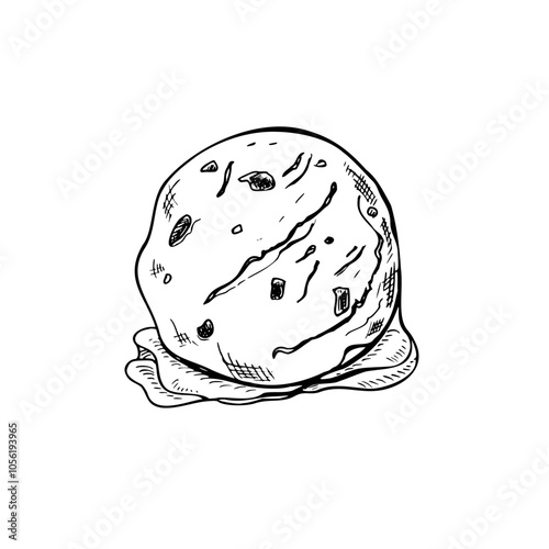 One ice cream ball hand drawn vector sketch illustration. Black and white sweet delicious frozen dessert element etching drawing for label design, packaging, menu decor