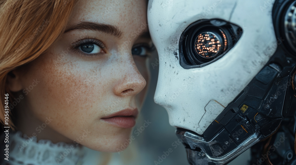 Close-up of woman standing next to futuristic robot, human-robot interaction, artificial intelligence, advanced robotics, sci-fi concept, human and AI connection, futuristic technology, AI-human 