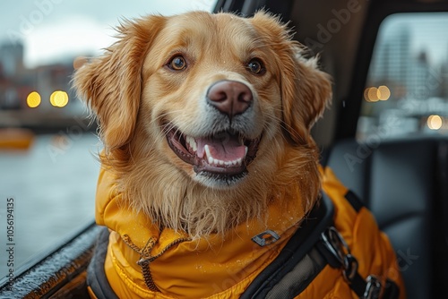 Happy Golden Retriever Puppy Wearing a Life Jacket and Seatbelt, Sitting in the Back Seat of a Luxury SUV, Looking Out the Window at the City Street

 photo