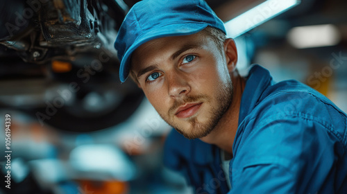 Portrait of young mechanic in workshop, confident automotive technician, professional vehicle repair, mechanic expertise, focused car servicing, industrial work, skilled worker, blue uniform 