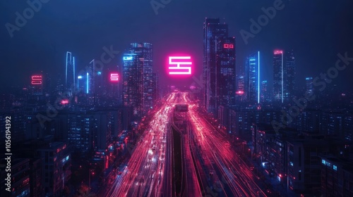 Neon Cityscape with Glowing Skyscrapers and Traffic