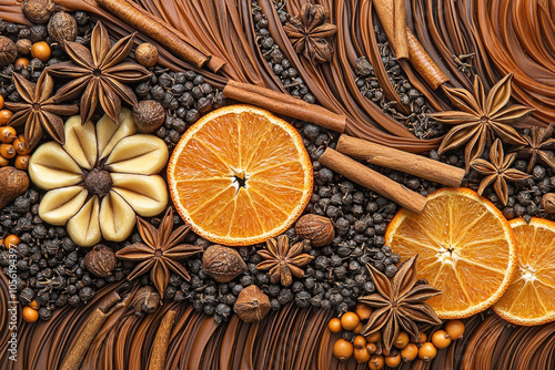 A creative display of dried oranges, star anise, and various nuts arranged together, capturing the essence of earthy autumn decorations