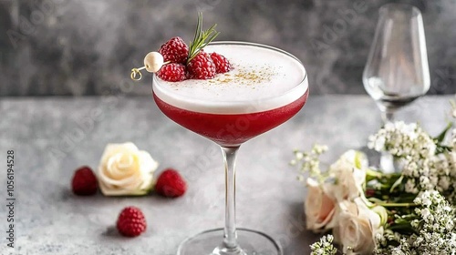  Close-up of raspberry-rimmed drink in glass against floral backdrop