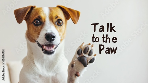 Playful dog raising paw with “Talk to the Paw” message