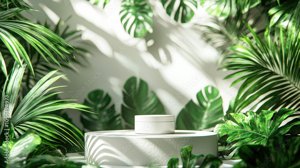 Obraz premium A serene setup features vibrant green leaves encircling a simple planter on a pedestal, illuminated by gentle sunlight