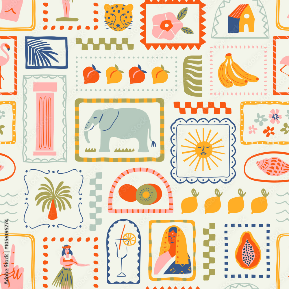 Fototapeta premium Retro hand drawn tropical summer seamless pattern. Traditional patchwork style background illustration. Vintage exotic nature textile print, jungle animal texture with elephant, flower, palm tree.