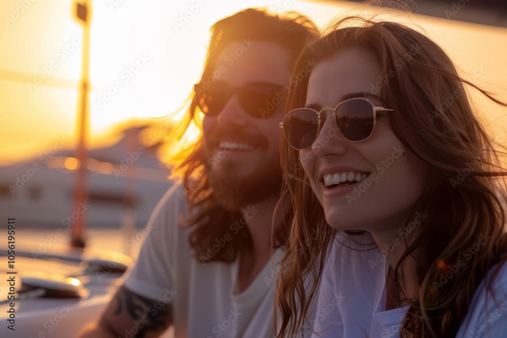 Beautiful young wealthy woman and her boyfriend are on a yacht, both wearing sunglasses and smiling at sunset. Summer holiday destination. Coastal Mediterranean scene