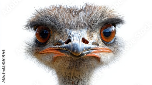 Close-up portrait of ostrich face, curious bird with large eyes staring into the camera, isolated white background, wildlife, nature, exotic animal, ostrich gaze