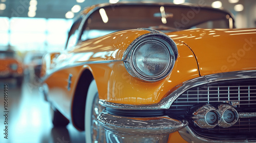 Classic yellow vintage car with chrome details in a showroom, antique vehicle, retro automotive design, shiny and well-preserved, old luxury car, museum, collector’s item, chrome details