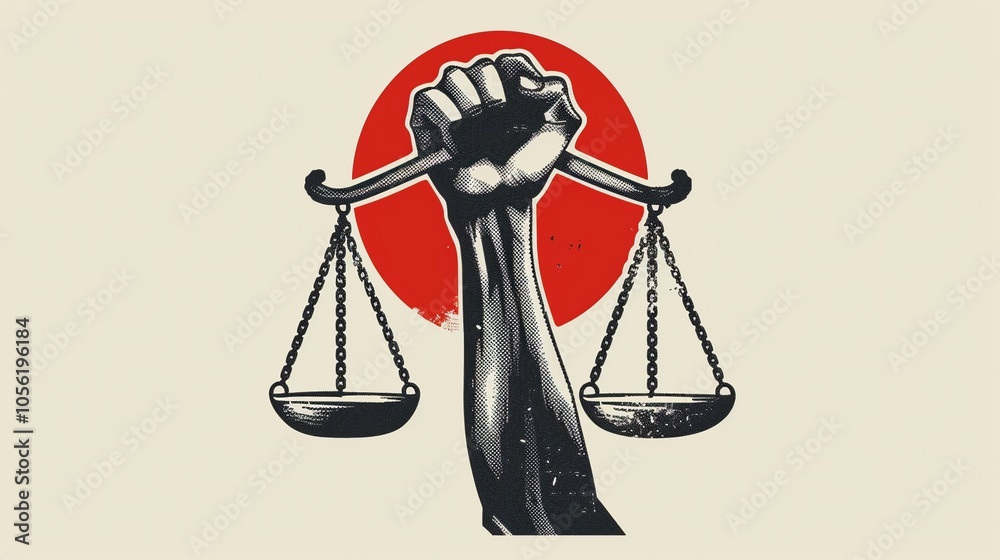 Balance scales in raised fist background image. Social protest for human rights 2d illustration wallpaper picture backdrop. Justice system concept for business presentation corporate