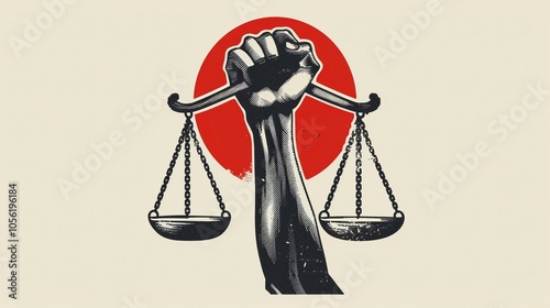 Obraz na płótnie Balance scales in raised fist background image. Social protest for human rights 2d illustration wallpaper picture backdrop. Justice system concept for business presentation corporate w salonie