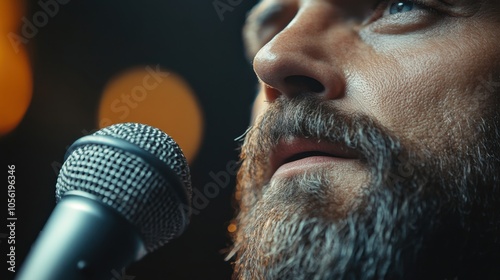 Close-up of man’s beard and lips singing into a microphone, performing live on stage, musical performance, bearded singer with microphone, artistic expression, music concert, stage presence, focus