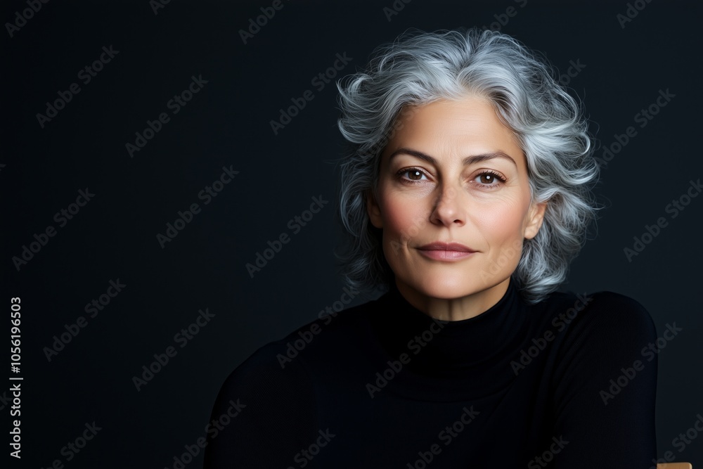 Thoughtful silver-haired woman in a modern chair against a dark backdrop illuminated by subtle lighting Thoughtful silver-haired woman in a modern chair against a dark backdrop illuminated by subtle lighting