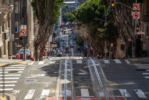 Exposure done in Powell Street, San Francisco, taken from the cable car line called Powell-Hyde, showing the streets slope in this amazing city photo