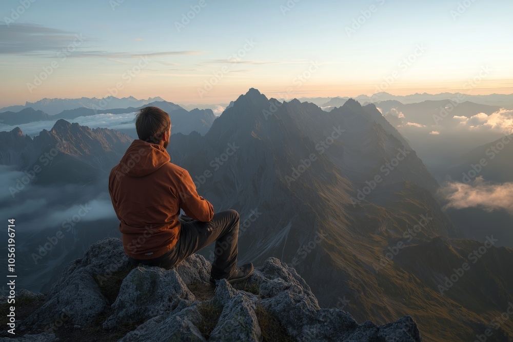 Fototapeta premium A person sits on a mountain peak, taking in a serene panorama at sunrise, surrounded by distant peaks.