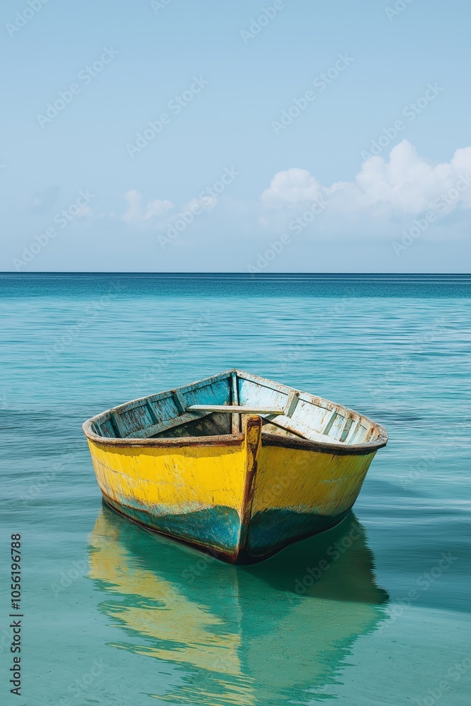 A single yellow boat sits peacefully on a clear ocean with a tranquil blue sky, evoking a sense of serenity. A single yellow boat sits peacefully on a clear ocean with a tranquil blue sky, evoking a sense of serenity.