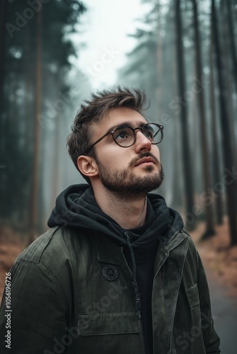 A contemplative young man with glasses stands in a quiet forest path, gazing thoughtfully upwards.