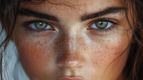 A Close-Up Portrait of a Girl With Freckles and Striking Green Eyes Under Soft Light