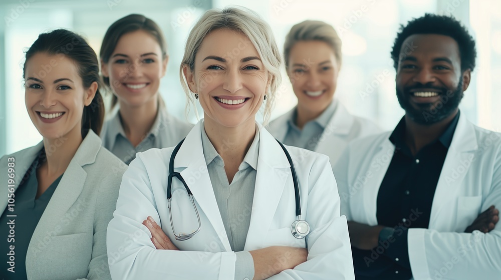 A Diverse Group of Healthcare Professionals Smiling Confidently in a Modern Medical Facility During Daytime Hours A Diverse Group of Healthcare Professionals Smiling Confidently in a Modern Medical Facility During Daytime Hours