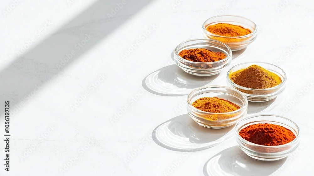 A cluster of bowls brimming with distinctive spices arranged on a pristine white surface beside one another A cluster of bowls brimming with distinctive spices arranged on a pristine white surface beside one another