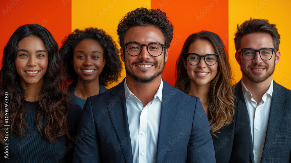Five professionals smiling and posing together in a vibrant office setting, showcasing diversity and teamwork in a corporate atmosphere Five professionals smiling and posing together in a vibrant office setting, showcasing diversity and teamwork in a corporate atmosphere