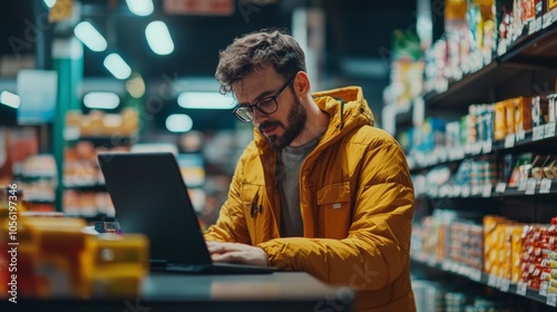 Man working on a laptop in a grocery store aisle