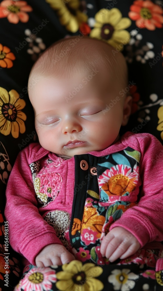 In a cozy setting, a baby peacefully sleeps while nestled in a vibrant, floral-patterned blanket, embodying tranquility and innocence In a cozy setting, a baby peacefully sleeps while nestled in a vibrant, floral-patterned blanket, embodying tranquility and innocence